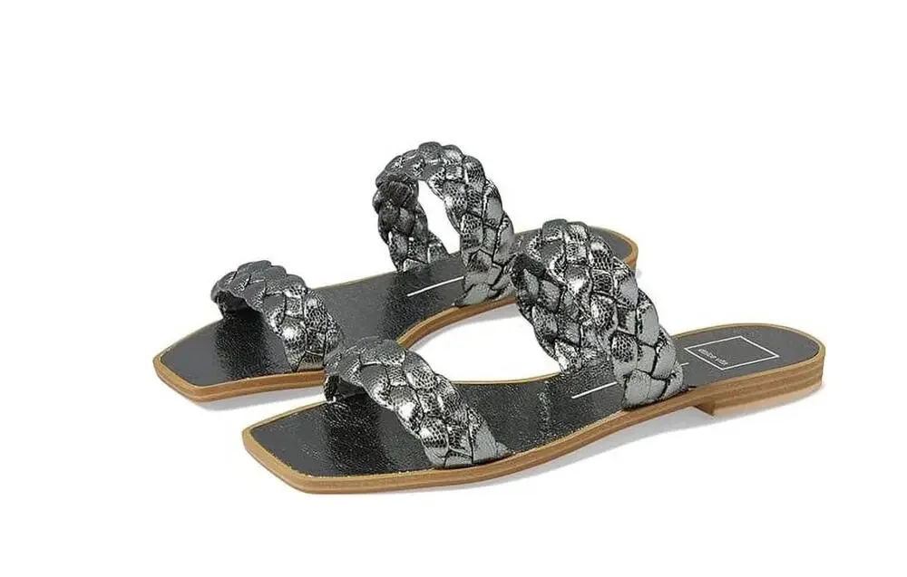 NWT Dolce Vita Indy Graphite Metallic Stella Silver Sandal Flat. Size 9.5.